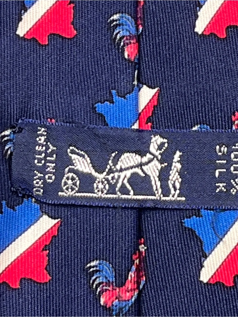 Hermes Navy Tie with Red, White & Blue Rooster and France Motif